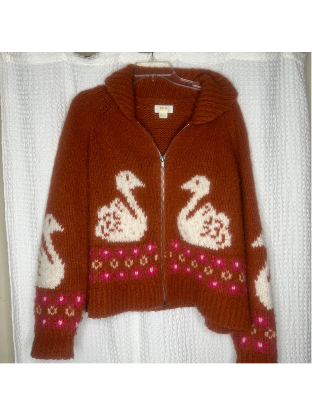 Mauve By Anthropologie Swan Zip Front Cardigan Sweater Rust Orange Chunky Knit M